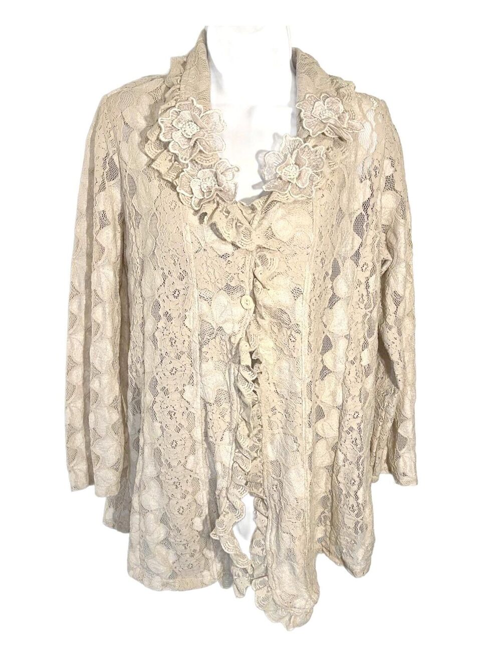 Vintage Cream Floral Sheer Lace Cardigan Ruffle Floral Applique 80s fairycore L